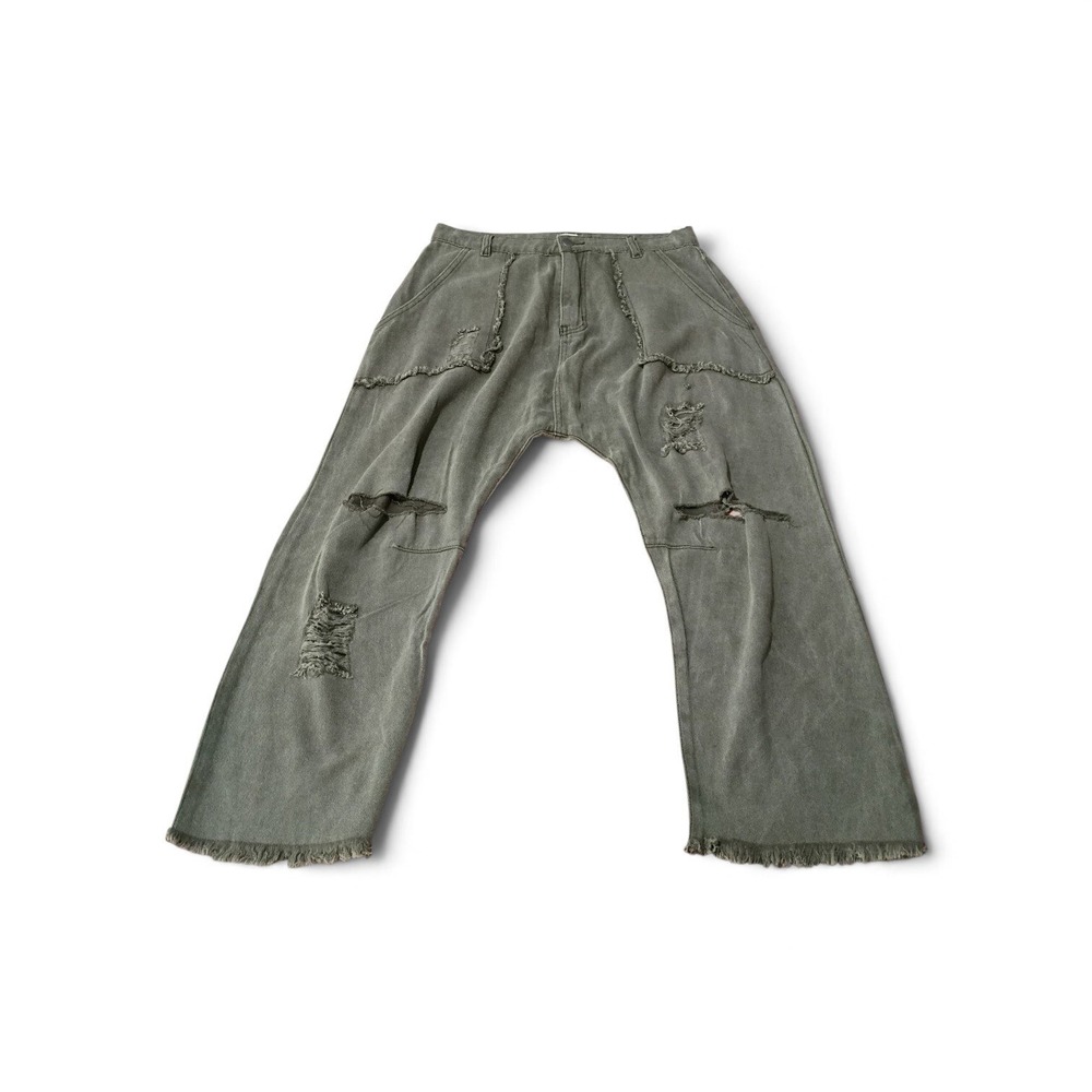 POL Distressed Drop Crotch Jeans Washed Olive Green Frayed Hem Wide Leg Large